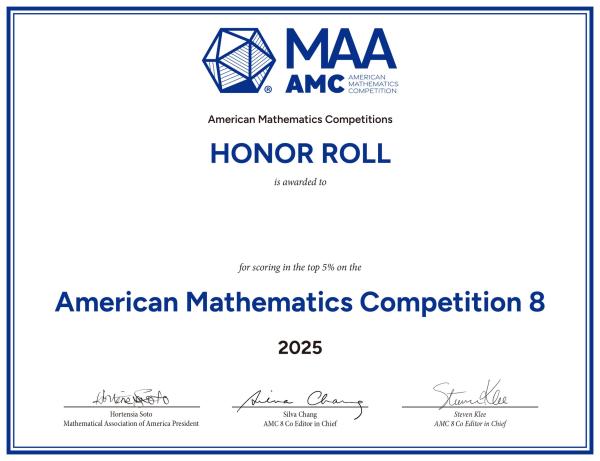 American Mathematics Competition 8 2025 Honor Roll